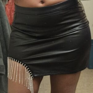 Black Faux Leather Skirt with Gold Chain Detail